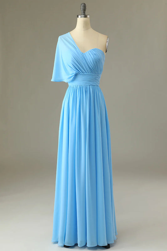 Chiffon One Shoulder Blue Bridesmaid Dress