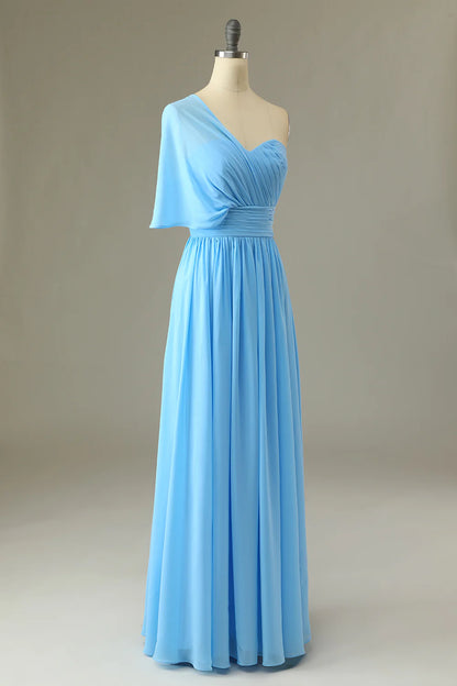 Chiffon One Shoulder Blue Bridesmaid Dress