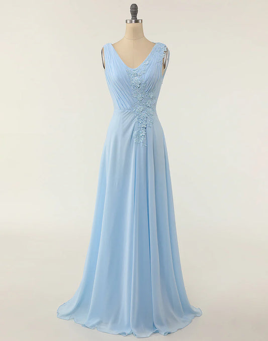 A Line V-neck Blue Bridesmaid Dress with Ruffle