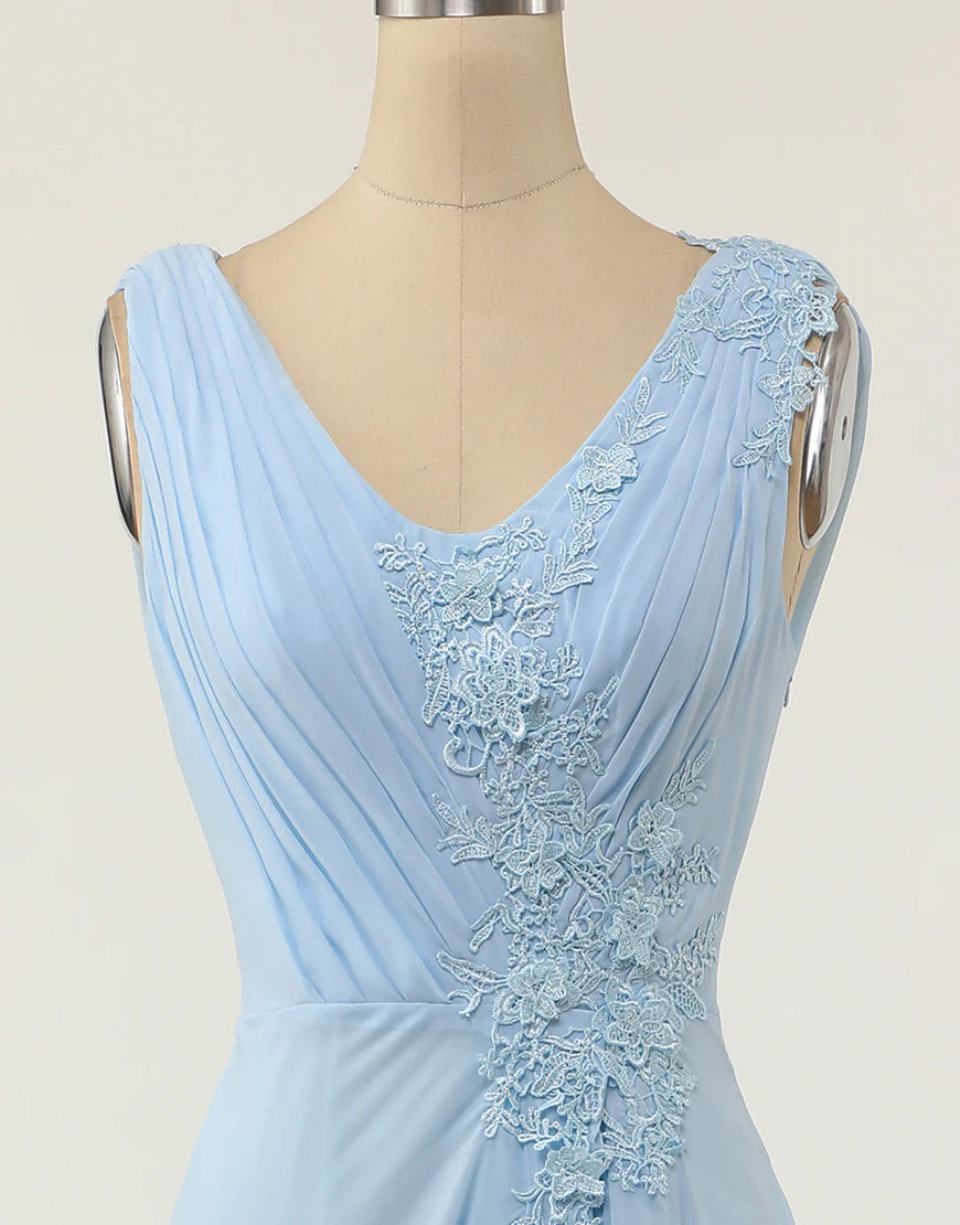 A Line V-neck Blue Bridesmaid Dress with Ruffle