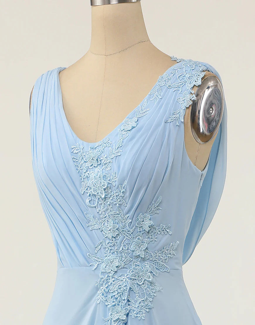 A Line V-neck Blue Bridesmaid Dress with Ruffle