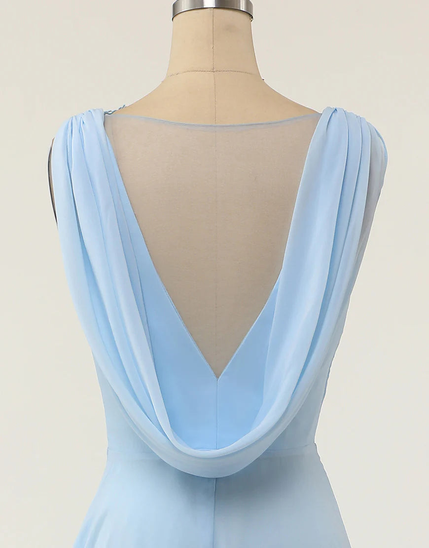 A Line V-neck Blue Bridesmaid Dress with Ruffle