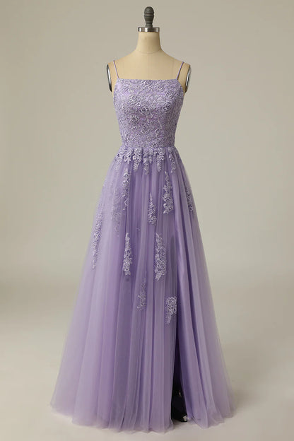 A Line Light Purple Tulle Long Prom Dress with Appliques