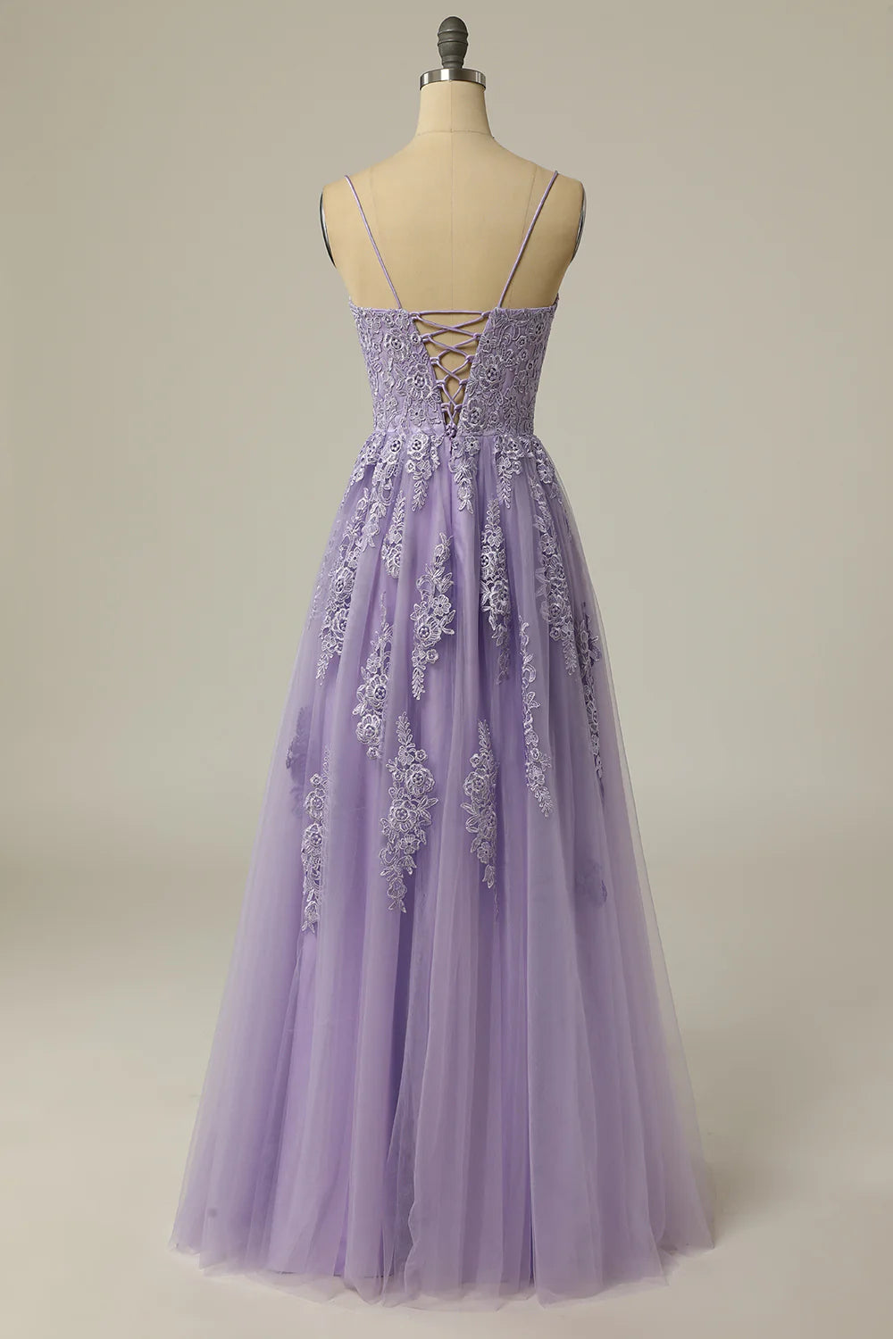 A Line Light Purple Tulle Long Prom Dress with Appliques