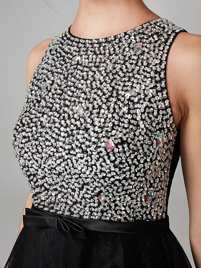 Ball Gown Sparkle & Shine High Low Keyhole Cocktail Party Prom Dress Jewel Neck Sleeveless Knee Length Satin Tulle with Beading Cascading Ruffles