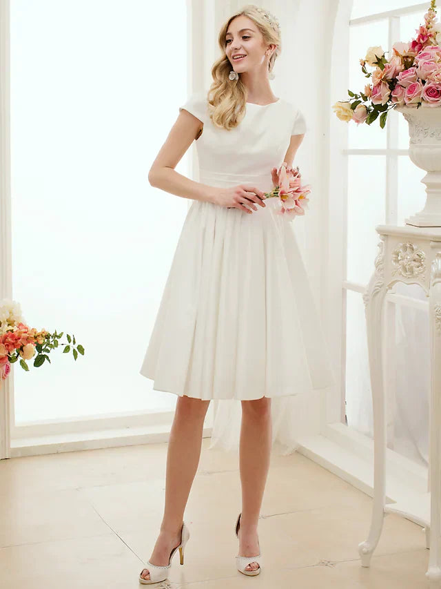 A-Line Wedding Dresses Jewel Neck Knee Length Satin Short Sleeve Formal Simple Casual Little White Dress with Sash Ribbon