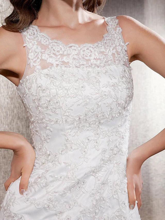 A-line Wedding Dresses Scoop Neck Lace Tulle Sleeveless Elegant & Luxurious with Appliques