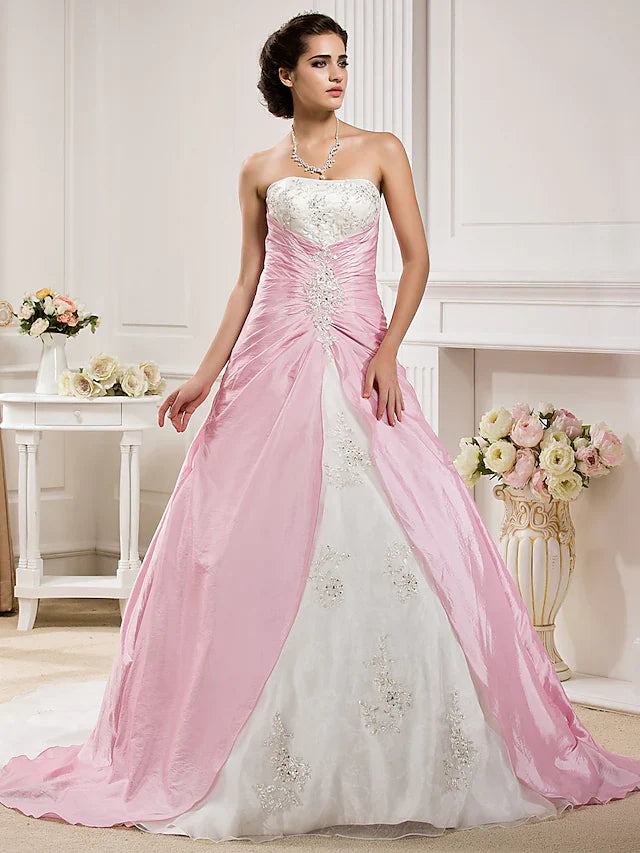 Ball Gown Wedding Dresses Strapless Chapel Train Organza Taffeta Strapless Wedding Dress in Color with Ruched Beading Appliques