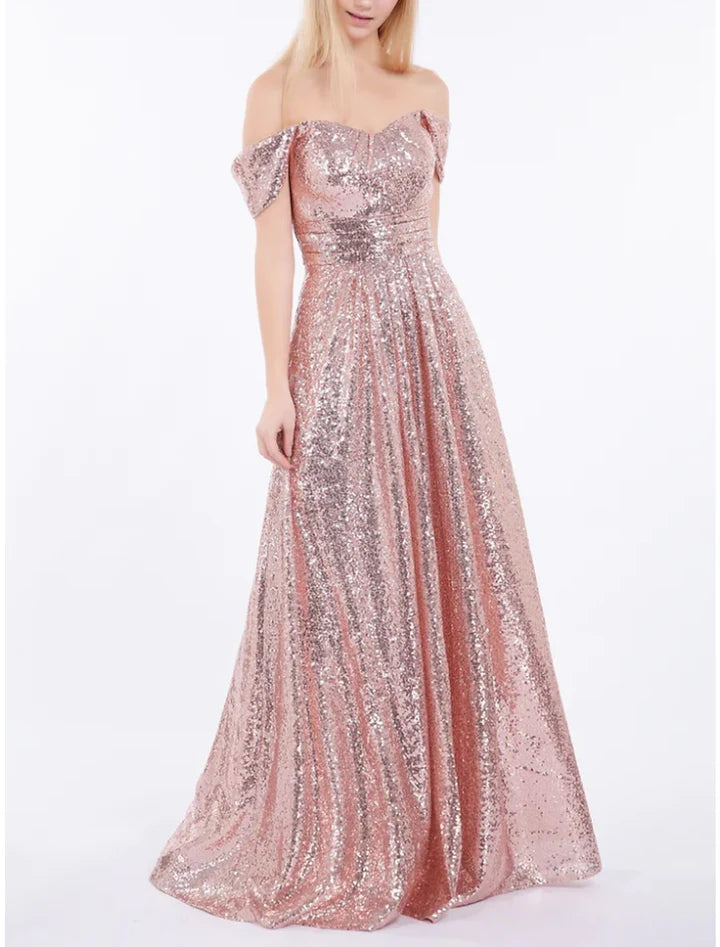 A-Line Sleek Glitter Sparking Princess Off-The-Shoulder Floor-Length Long Bridesmaid Dresses