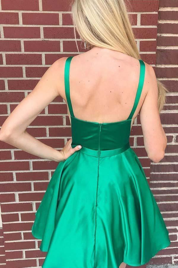 A Line Green Backless  Cocktail Dresses Bateau Short Mini Homecoming Dress with Pockets
