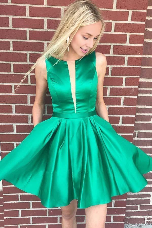 A Line Green Backless  Cocktail Dresses Bateau Short Mini Homecoming Dress with Pockets