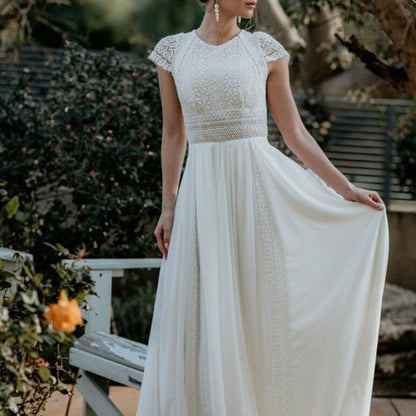 A-Line Exquisite Lace Appliqued Cap Sleeves Wedding Dress Floor Length