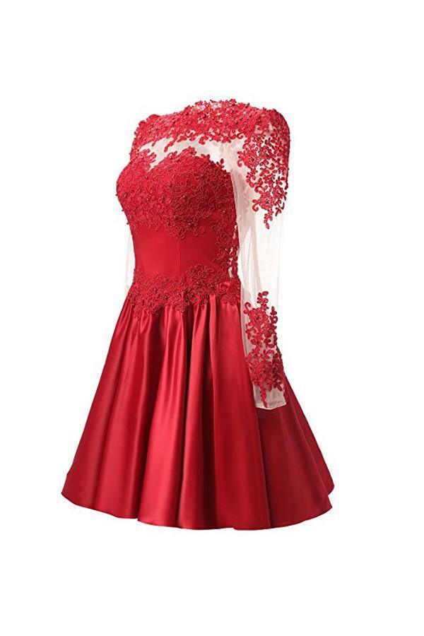 A Line Red Long Sleeves Short Mini Homecoming Dresses With Appliques