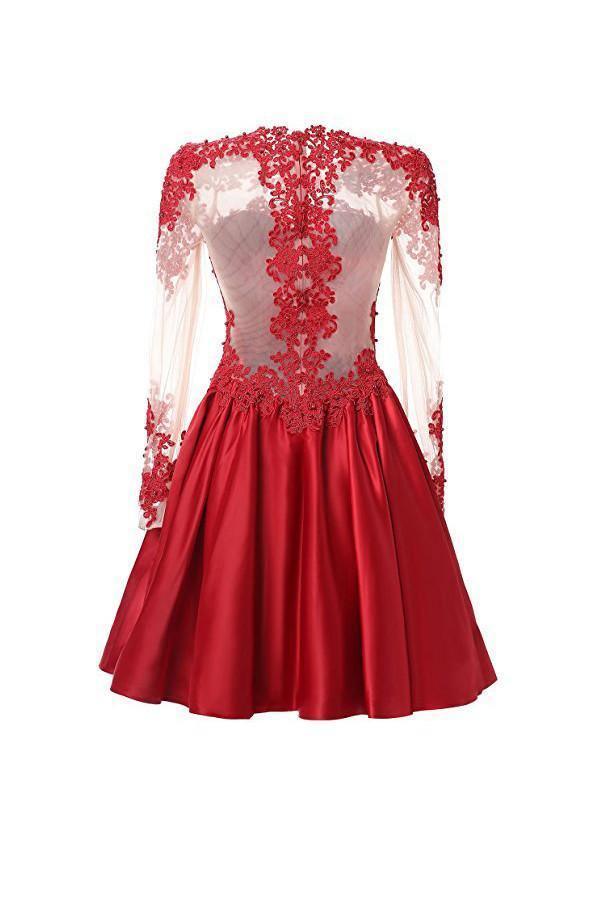 A Line Red Long Sleeves Short Mini Homecoming Dresses With Appliques