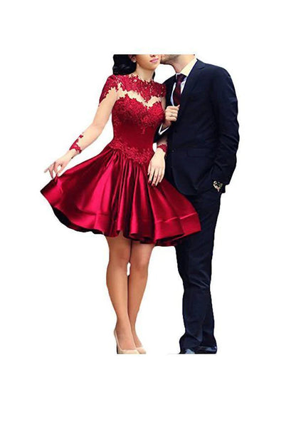 A Line Red Long Sleeves Short Mini Homecoming Dresses With Appliques