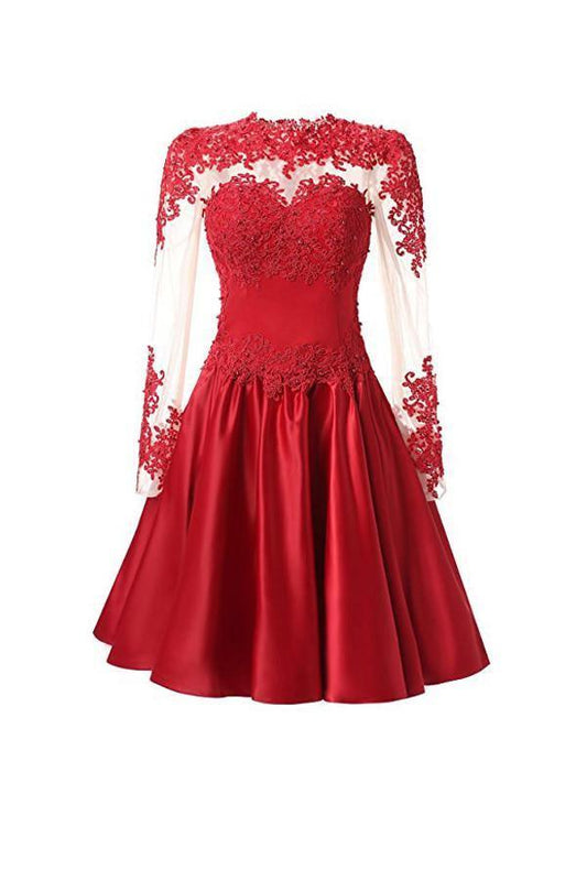 A Line Red Long Sleeves Short Mini Homecoming Dresses With Appliques