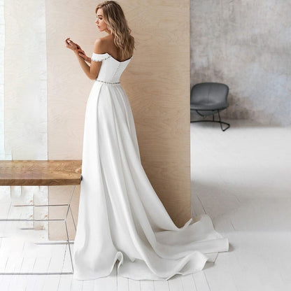 A-Line Off the Shoulder Beaded Wedding Dress White Sexy