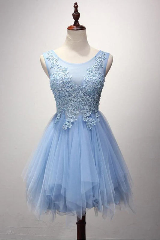 A-Line Blue Scoop Neck Cocktail Dress Tulle Short Mini Homecoming Dress With Appliques