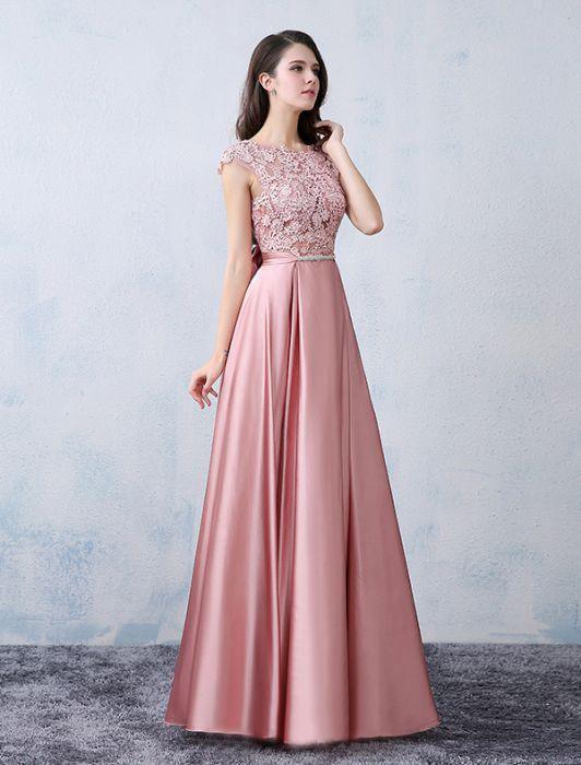 A-line Scoop Neck Pink Evening Dress Satin Long Prom Dress With Back Bow Applique