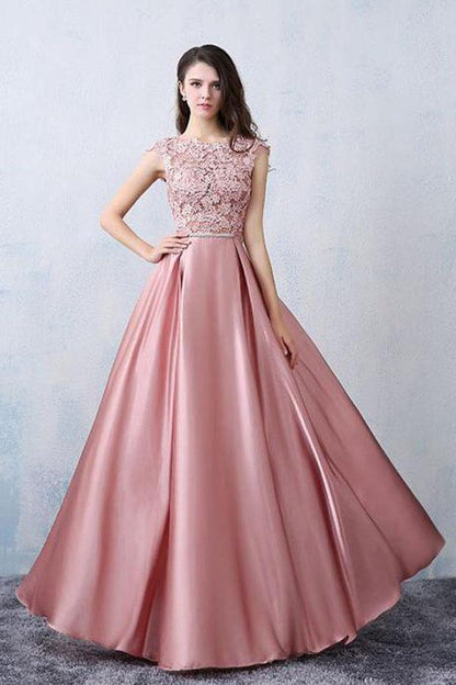 A-line Scoop Neck Pink Evening Dress Satin Long Prom Dress  With Back Bow Applique