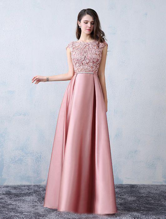 A-line Scoop Neck Pink Evening Dress Satin Long Prom Dress  With Back Bow Applique