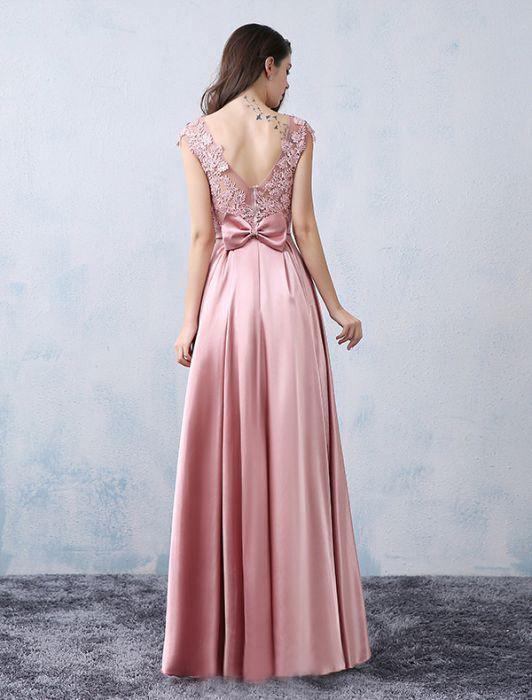 A-line Scoop Neck Pink Evening Dress Satin Long Prom Dress  With Back Bow Applique