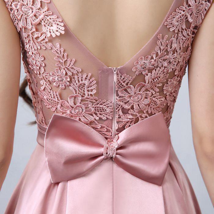 A-line Scoop Neck Pink Evening Dress Satin Long Prom Dress With Back Bow Applique