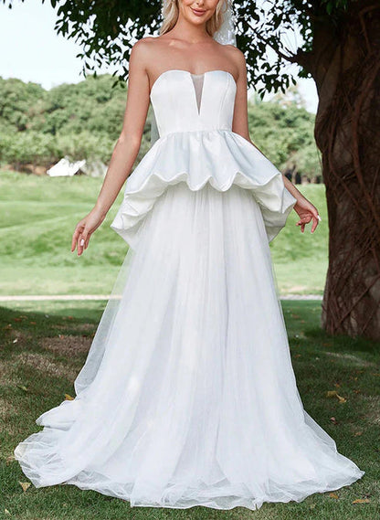 A-Line Strapless Sleeveless Sweep Train Satin Tulle Wedding Dresses With Cascading Ruffles Off Shoulder