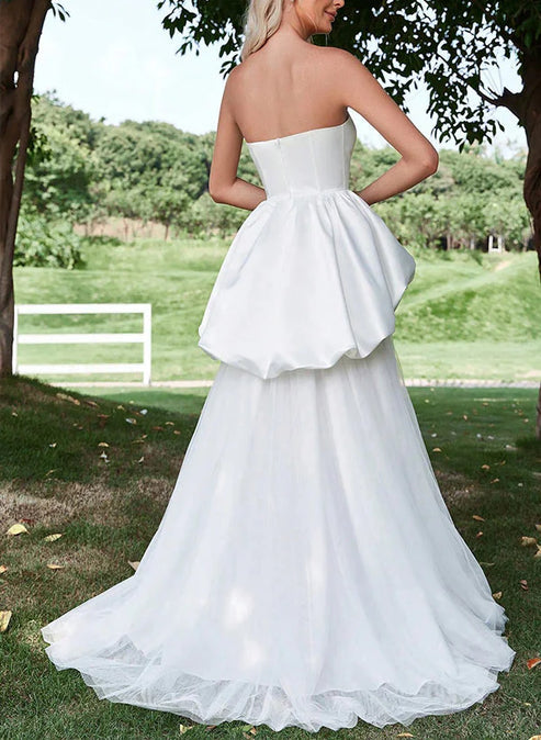 A-Line Strapless Sleeveless Sweep Train Satin Tulle Wedding Dresses With Cascading Ruffles Off Shoulder