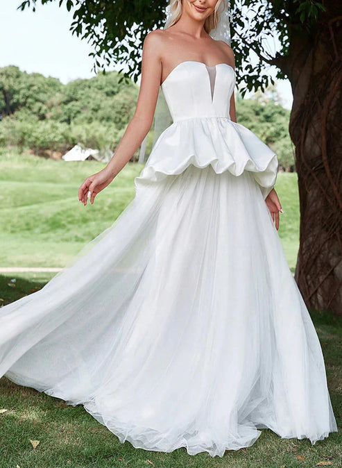 A-Line Strapless Sleeveless Sweep Train Satin Tulle Wedding Dresses With Cascading Ruffles Off Shoulder