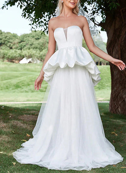 A-Line Strapless Sleeveless Sweep Train Satin Tulle Wedding Dresses With Cascading Ruffles Off Shoulder