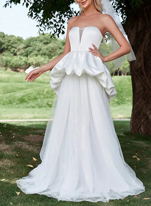 A-Line Strapless Sleeveless Sweep Train Satin Tulle Wedding Dresses With Cascading Ruffles Off Shoulder