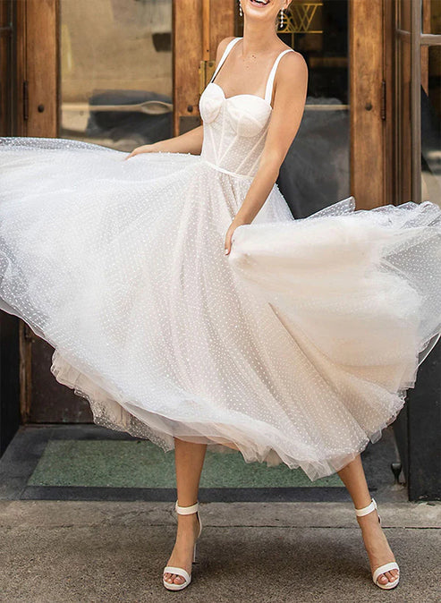 A-Line Sweetheart Sleeveless Tulle Tea-Length Wedding Dresses With Pleated Beautiful