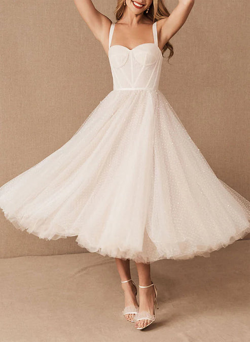 A-Line Sweetheart Sleeveless Tulle Tea-Length Wedding Dresses With Pleated Beautiful