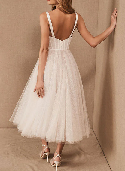 A-Line Sweetheart Sleeveless Tulle Tea-Length Wedding Dresses With Pleated Beautiful