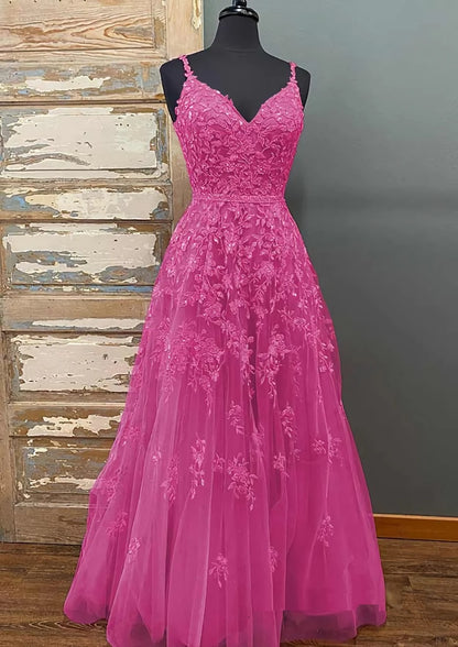 A-Line V Neck Spaghetti Straps Floor-Length Tulle Prom Dress With Beading Sequins Appliques