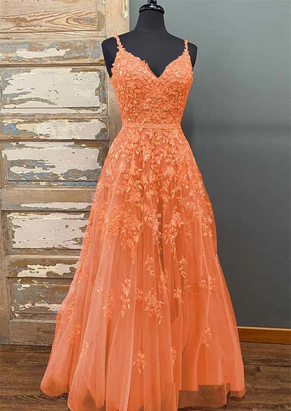 A-Line V Neck Spaghetti Straps Floor-Length Tulle Prom Dress With Beading Sequins Appliques