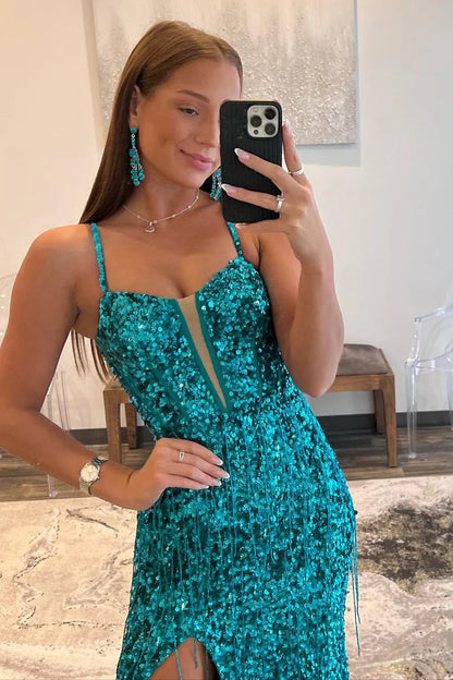 Sheath Spaghetti Straps V Neck Teal Sequins Long Prom Dress with Beading