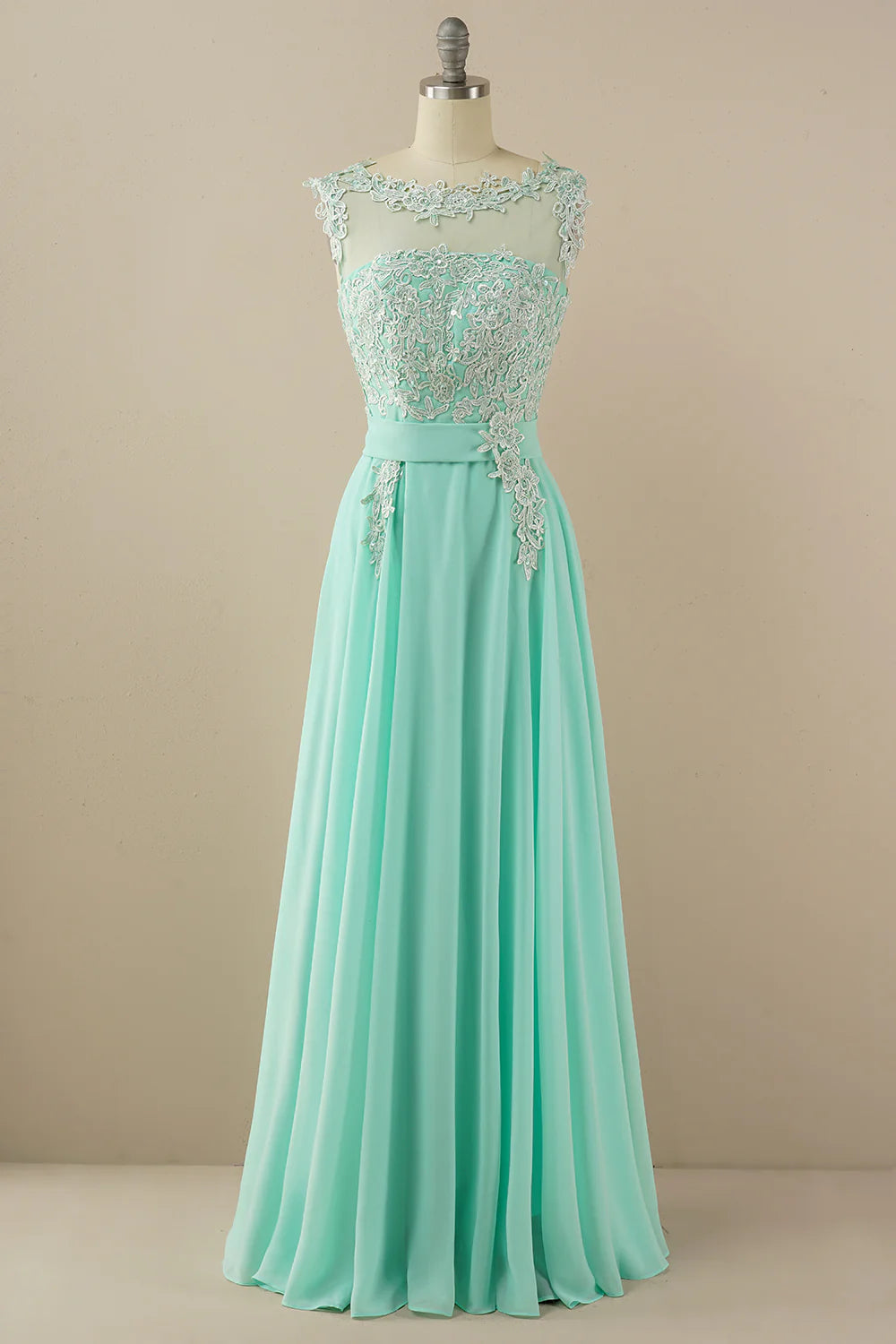 Chiffon Floor Length Beaded Bateau Prom Dress With Appliques