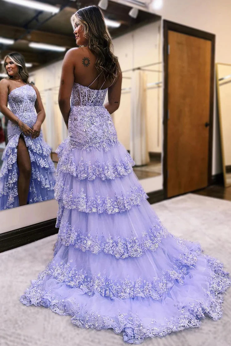 A Line Glittering Sparkle One Shoulder Lavender Lace Layers Long Prom Dresses with Slit