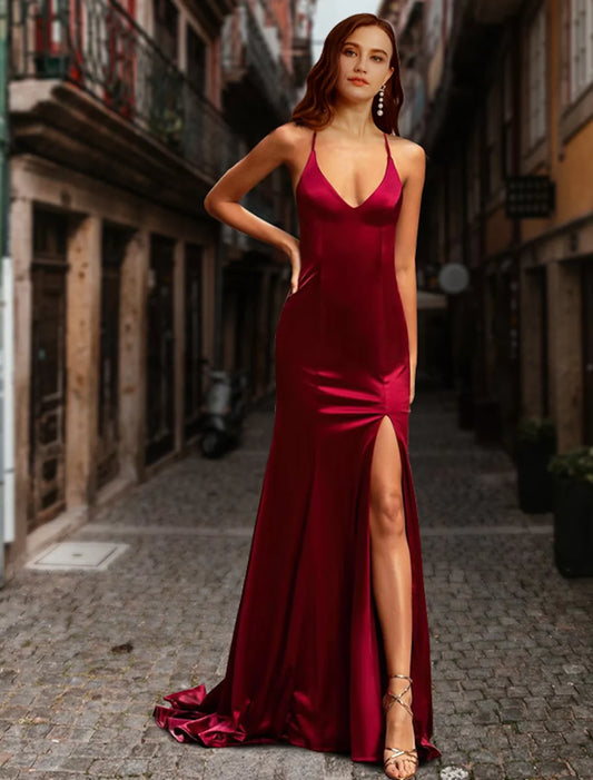 Mermaid / Trumpet Prom Dresses Sexy Dress Prom Sweep / Brush Train Sleeveless Sweetheart Satin Backless with Pure Colo