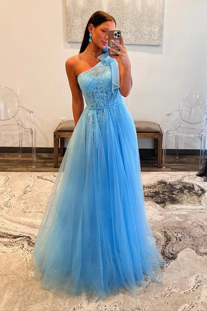 One Shoulder Light Blue Tulle Long Prom Dress with Appliques