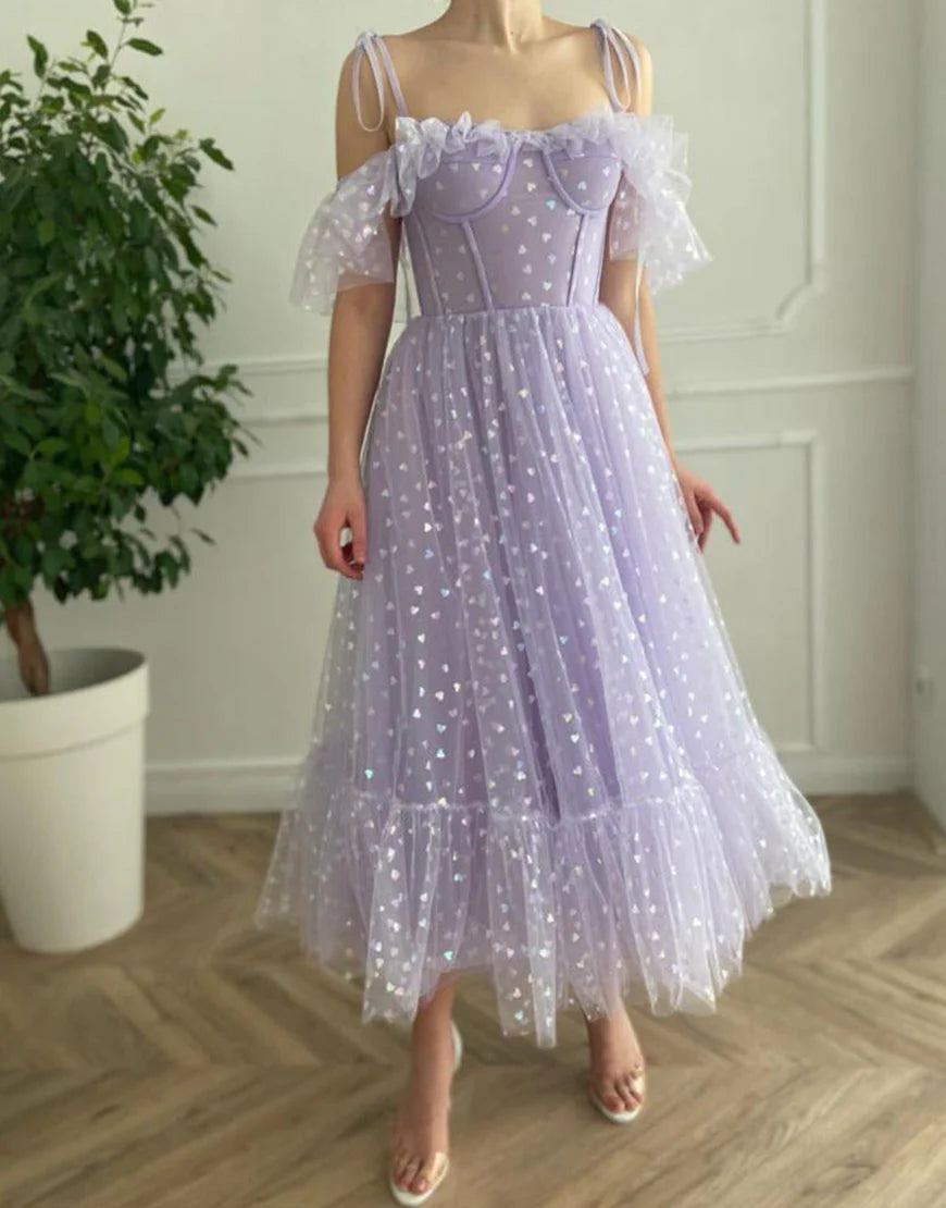 Spaghetti Straps  Print Lilac Tulle Prom Dress