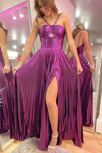 A Line Spaghetti Straps Cutout Purple Sparkly Satin Prom Dress with Slit