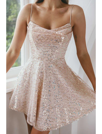 A-Line Homecoming Dresses Sparkle & Shine Dress Party Wear Cocktail Party Short / Mini Sleeveless Spaghetti Strap Pink Dress Sequined with Sequin