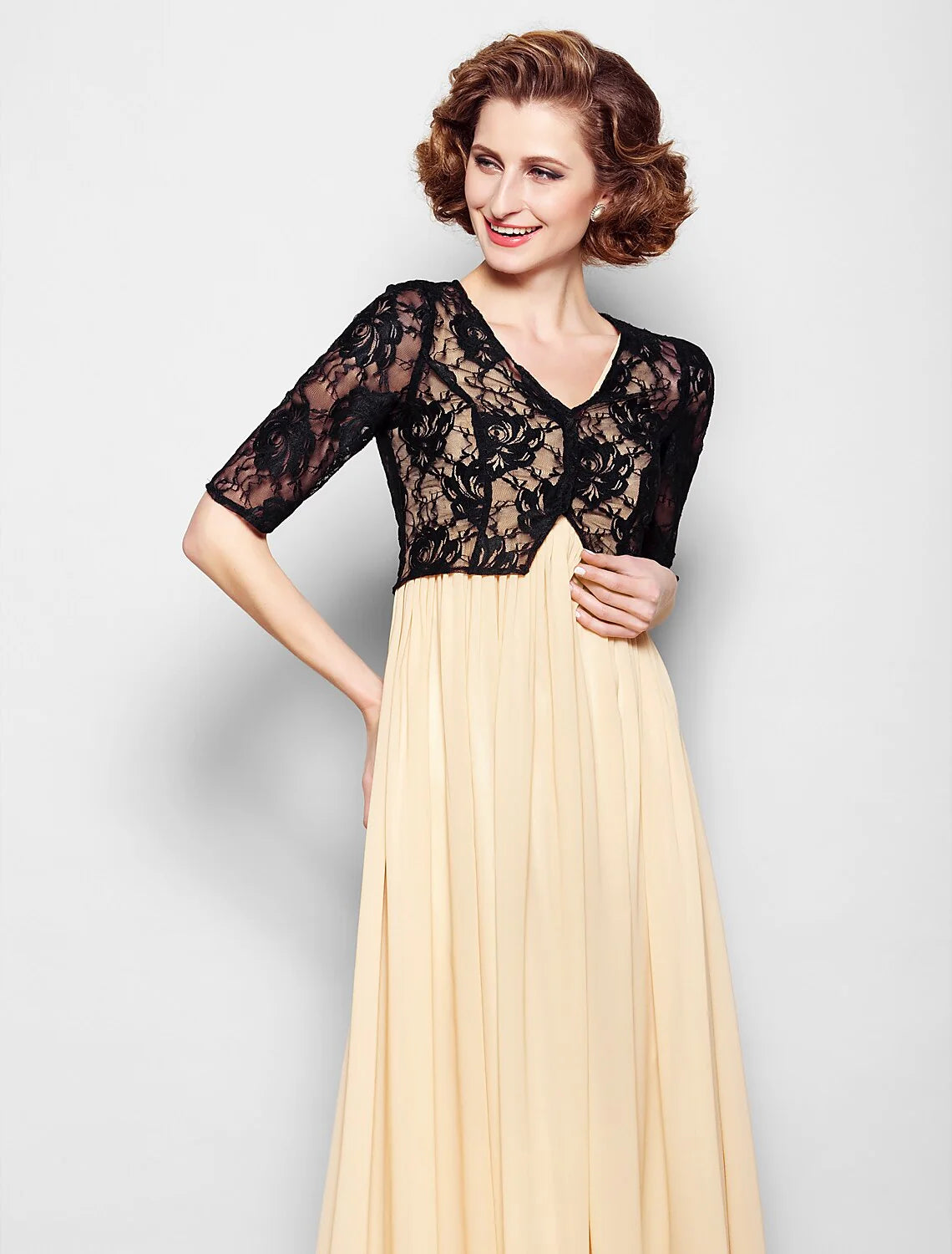 A-Line Mother of the Bride Dress Wrap Included V Neck Floor Length Chiffon Lace Half Sleeve yes with Lace