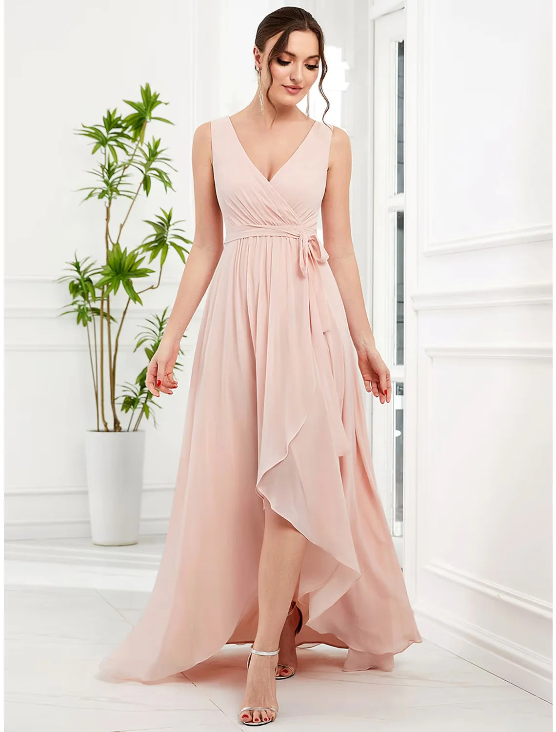 A-Line Party Dresses Elegant Dress Party Wear Asymmetrical Sleeveless V Neck Chiffon with Ruffles Strappy