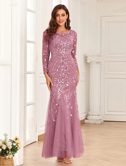 Mermaid / Trumpet Evening Gown Elegant Dress Wedding Guest Prom Floor Length Long Sleeve Jewel Neck Tulle with Embroidery