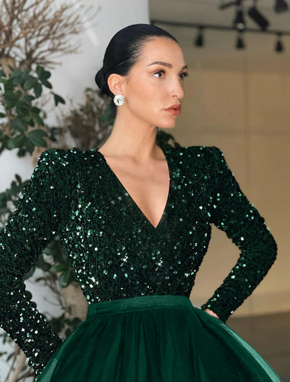 Ball Gown A-Line Cocktail Dress Christmas Red Green Dresses Vintage Dress Evening Party Cocktail Party Tea Length Long Sleeve Jewel Neck Fall Wedding Guest Tulle with Sequin