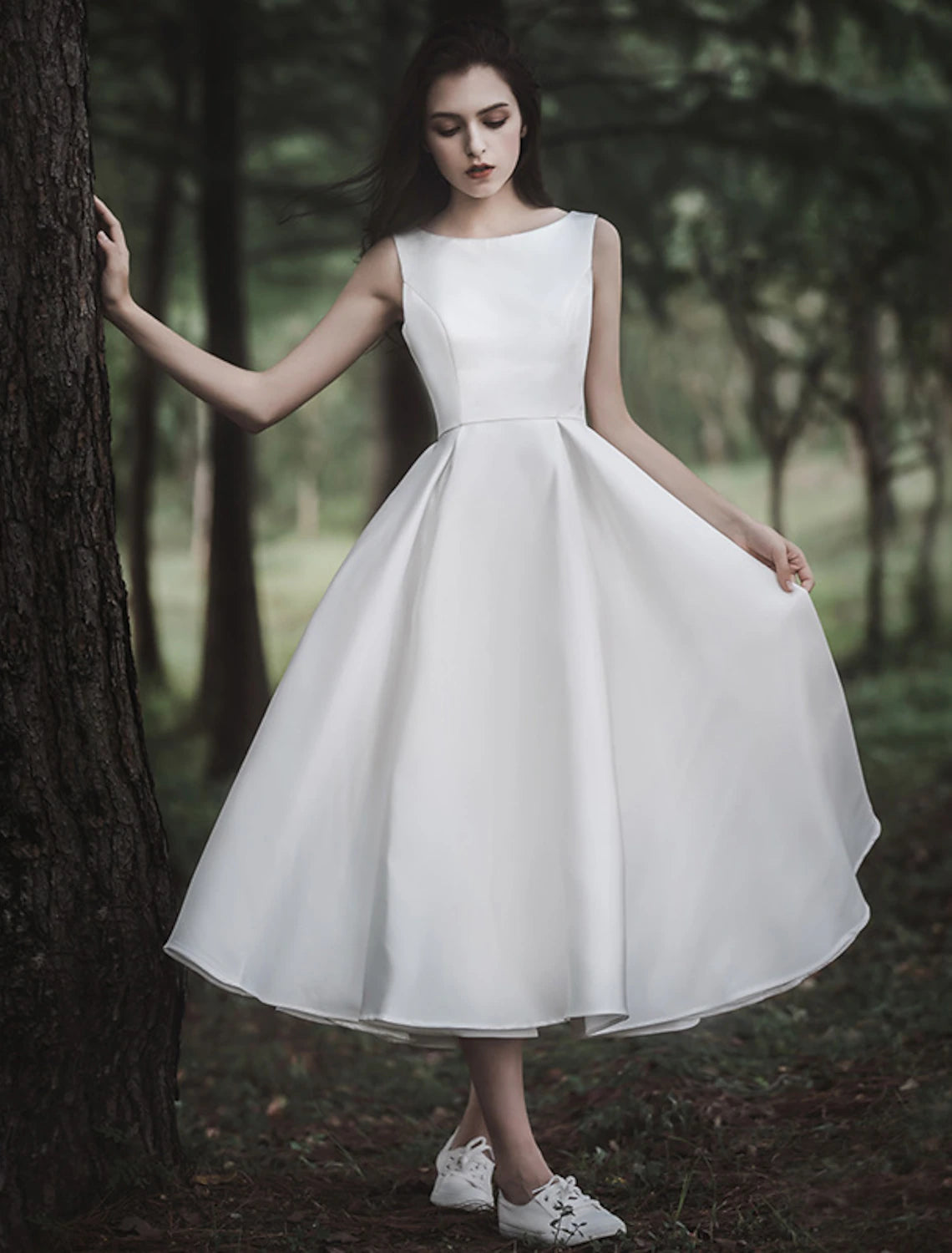 Reception Little White Dresses Wedding Dresses A-Line Scoop Neck Sleeveless Tea Length Satin Bridal Gowns With Solid Color